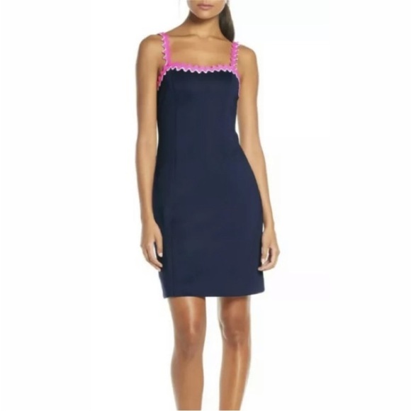 LILLY PULITZER SHELLBEE True Navy Blue Pink Ric Rac Scuba Lined Dress - Picture 15 of 16